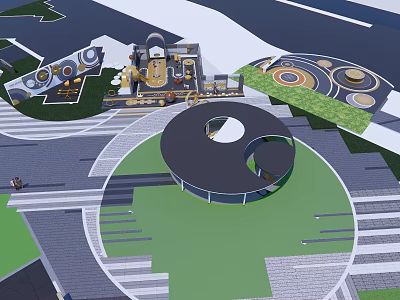 Fun Modern Kids Play Area With Circular Platform Climbing Structures Green Lawn And Colorful Equipment 3d model