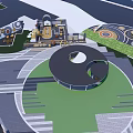 Fun Modern Kids Play Area With Circular Platform Climbing Structures Green Lawn And Colorful Equipment