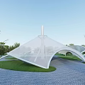 Tensile Membrane Structure With Modern Curved Design In Outdoor Park Area With Lawn And Trees