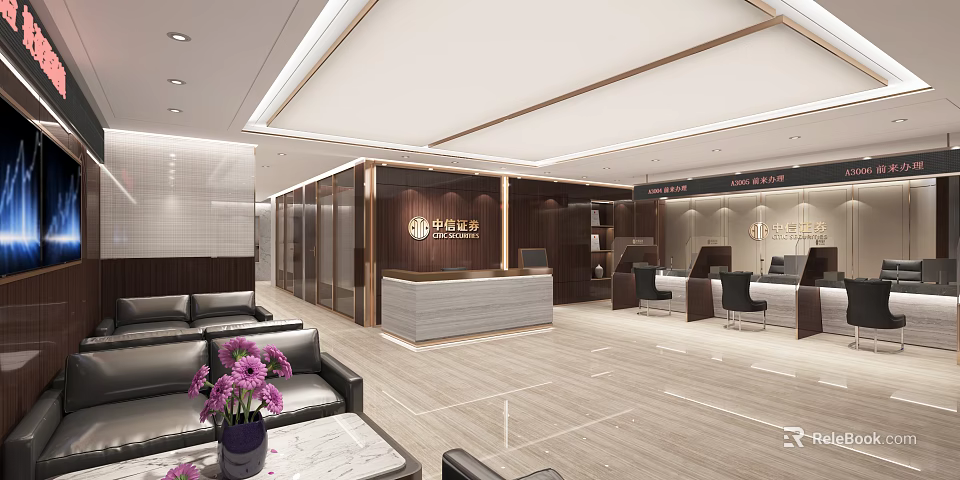Modern Service Hall Interior With Reception Desk And Waiting Area 3d model