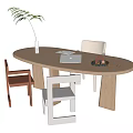 Modern Oval Wooden Desk with Laptop Vase Fern Plant Tray and Three Colored Chairs