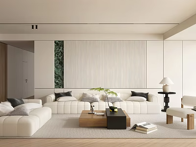 Modern Living Room Interior With White Sectional Sofa Wooden Coffee Table And Vertical Striped Wall Design 3d model
