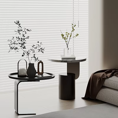 Modern Round Side Tables With Vases Decorative Items Near Sofa And Blinds 3d model