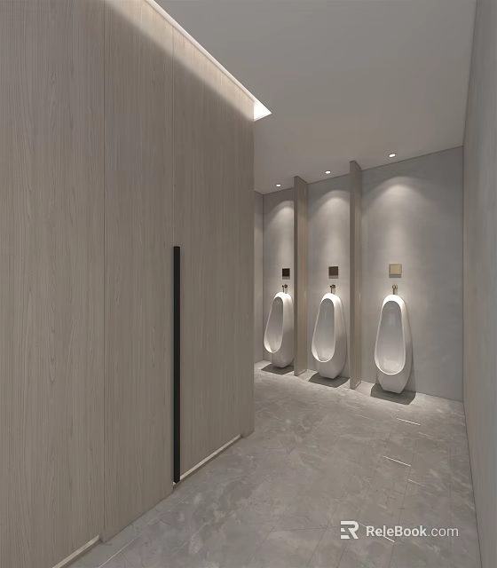 Modern Public Toilet Interior With Urinals Wooden Panel Walls And Grey Tile Floor 3d model 
