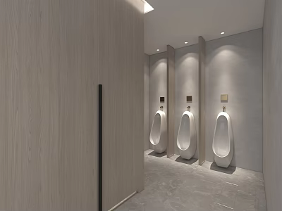 Modern Public Toilet Interior With Urinals Wooden Panel Walls And Grey Tile Floor 3d model
