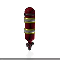 Red Fire Hydrant With Yellow And White Stripes Bottom Valves And Wheels 3d model