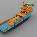 Modern Warship Model With Blue Hull Orange Deck Green Platform Radar Mast And Equipment
