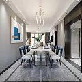 Modern Living and Dining Room Interior with Chandelier TV Wall White Sofa and Striped Rug