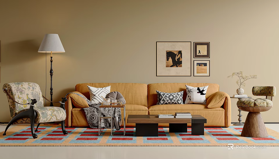 Orange Sofa and Black Coffee Table Set with Decorative Pillows Colorful Rug and Wall Art 3d model 
