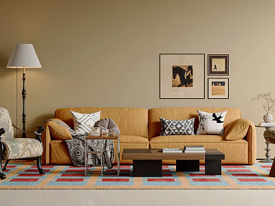 Orange Sofa and Black Coffee Table Set with Decorative Pillows Colorful Rug and Wall Art 3d model