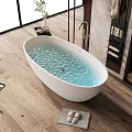 White Oval Bathtub with Light Blue Water on Wooden Floor and Slippers on Gray Mat
