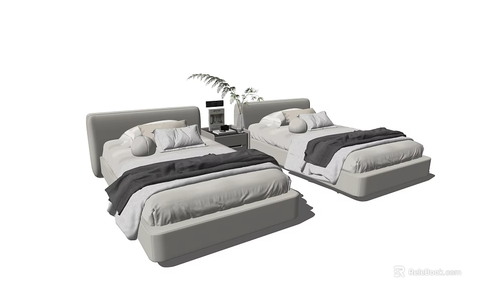 Modern Light Gray Single Bed with Pillows Nightstand Table Lamp and Plant 3d model
