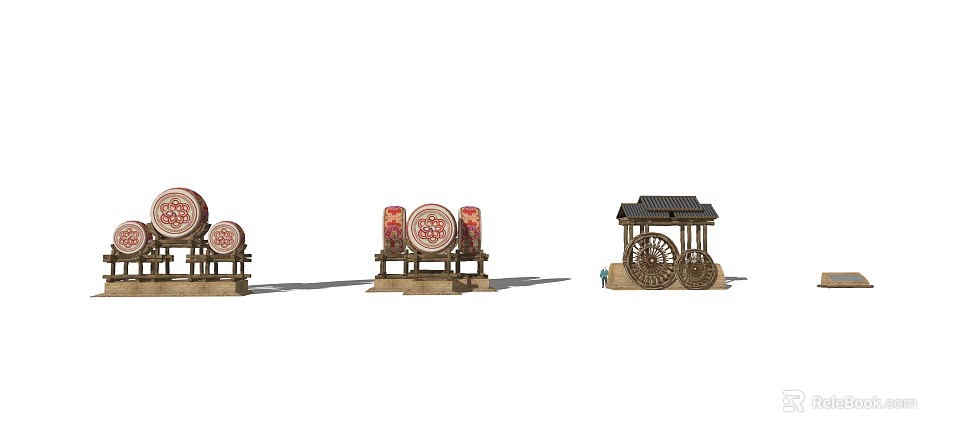Traditional Garden Ornaments With Wooden Stands Circular Decor And Water Wheel Pavilion 3d model 