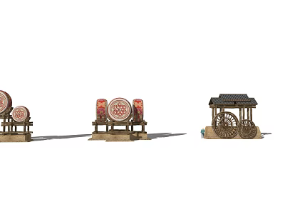 Traditional Garden Ornaments With Wooden Stands Circular Decor And Water Wheel Pavilion 3d model