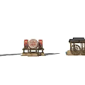 Traditional Garden Ornaments With Wooden Stands Circular Decor And Water Wheel Pavilion