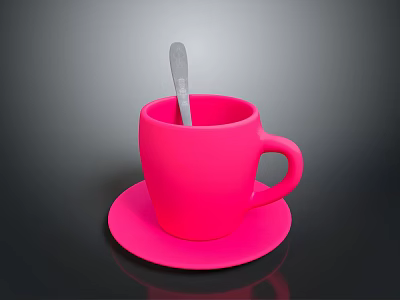 Vibrant Pink Ceramic Cup With Matching Saucer And Silver Spoon For Daily Use 3d model
