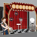 Vintage Beiping Era Scene With Neon Sign Red Curtain Gramophone And Qipao Women