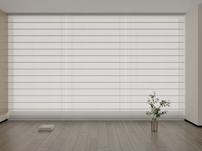 White Venetian Blinds Covering Large Window In Modern Room With Wooden Floor And Green Plant 3d model
