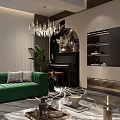 Modern Living And Dining Room Interior With Sofa TV Wall Artwork And Marble Floor