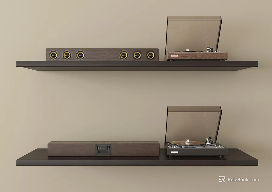 Modern Home Audio Setup With Open Lid Turntable And Sound Bar On Wooden Shelves 3d model 