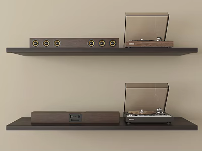 Modern Home Audio Setup With Open Lid Turntable And Sound Bar On Wooden Shelves 3d model