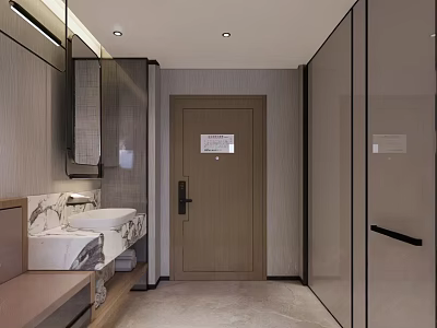 Modern Hotel Bathroom Interior With Marble Countertop Sink Mirror And Glass Shower Enclosure 3d model
