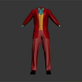 Red Three Piece Suit With Yellow Vest Blue Shirt And Black Shoes