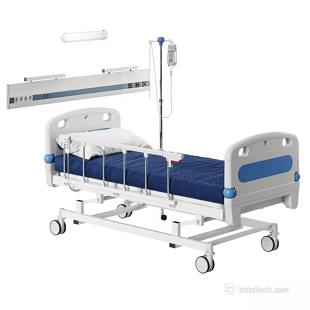 Medical Hospital Bed With IV Stand White Blue Frame And Wheels 3d model 