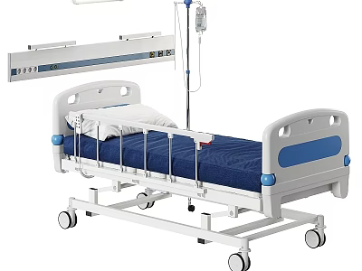 Medical Hospital Bed With IV Stand White Blue Frame And Wheels 3d model