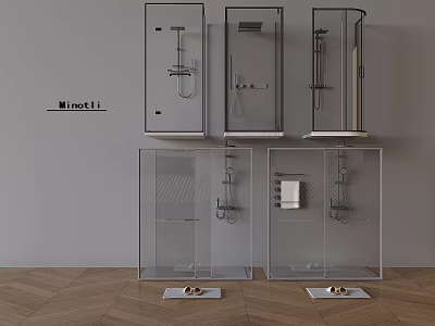 Modern Minotti Shower Systems With Various Designs In Transparent Display Cases And Minimalist Setting 3d model