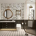 Stylish Bathroom With Floral Wallpaper Round Mirror Black Countertop Vanity White Toilet And Brass Shower
