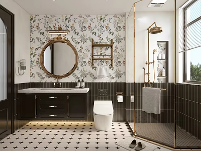 Stylish Bathroom With Floral Wallpaper Round Mirror Black Countertop Vanity White Toilet And Brass Shower 3d model