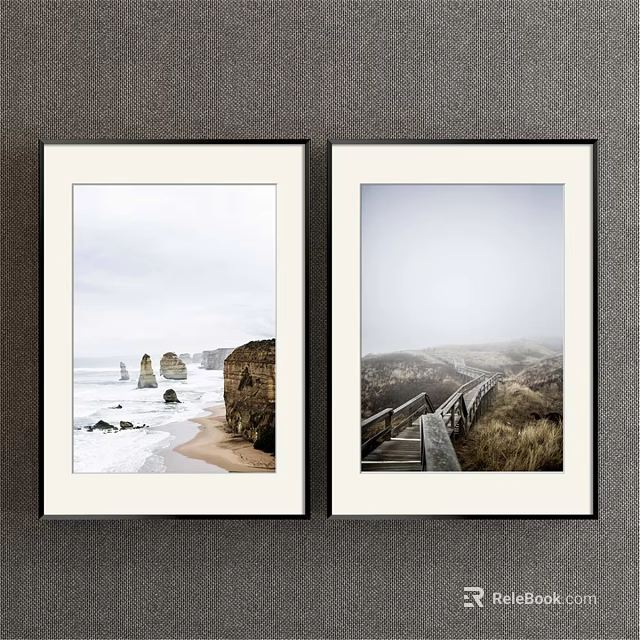 Two Natural Landscape Paintings With Seaside Rocks Beach And Misty Wooden Boardwalk Grassland 3d model 