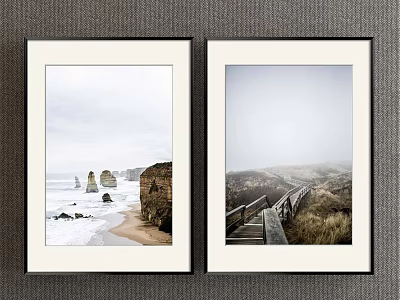 Two Natural Landscape Paintings With Seaside Rocks Beach And Misty Wooden Boardwalk Grassland 3d model