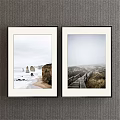 Two Natural Landscape Paintings With Seaside Rocks Beach And Misty Wooden Boardwalk Grassland