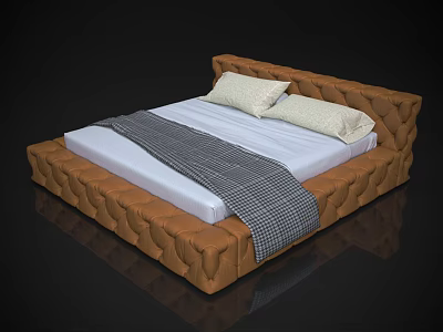Brown Tufted Leather Double Bed With White Mattress Gray Plaid Blanket And White Pillows 3d model