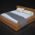 Brown Tufted Leather Double Bed With White Mattress Gray Plaid Blanket And White Pillows