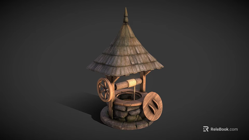 Traditional Wooden Well Garden Ornament with Conical Roof Stone Base and Wooden Wheel 3d model 