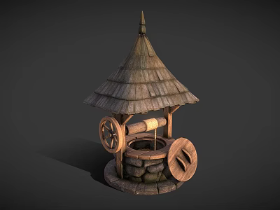Traditional Wooden Well Garden Ornament with Conical Roof Stone Base and Wooden Wheel 3d model