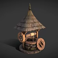 Traditional Wooden Well Garden Ornament with Conical Roof Stone Base and Wooden Wheel
