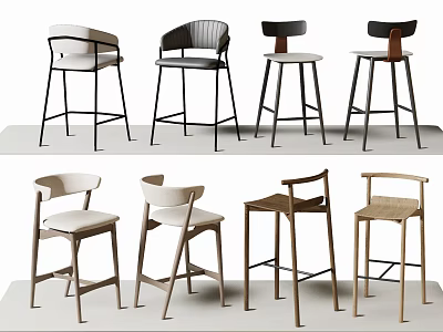 Various Modern Style Bar Stools with Metal and Wooden Frames in Different Colors 3d model
