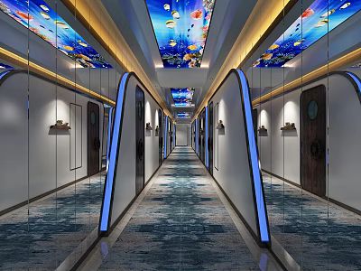 Modern Elevator Corridor Interior With Fish Pattern Ceiling And Mirror Walls 3d model