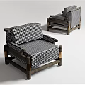 Stylish Single Sofa With Black And White Checkered Pattern And Wooden Frame Design 3d model
