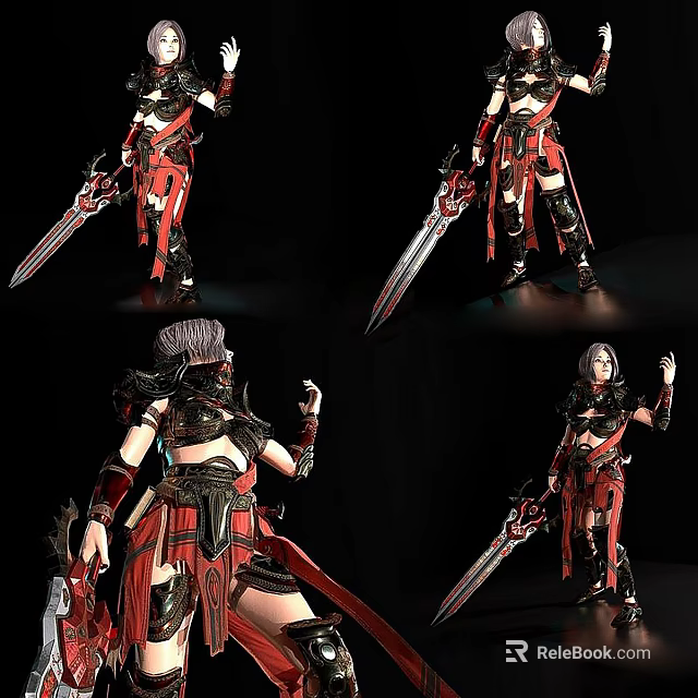 Game Movie Character In Red Black Armor Holding Large Sword With Dynamic Poses 3d model 