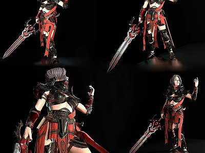 Game Movie Character In Red Black Armor Holding Large Sword With Dynamic Poses 3d model