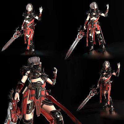 Game Movie Character In Red Black Armor Holding Large Sword With Dynamic Poses 3d model
