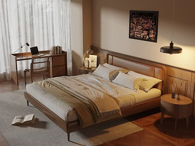 Cozy Modern Bedroom Interior With Wooden Bed Round Nightstand And Area Rug 3d model