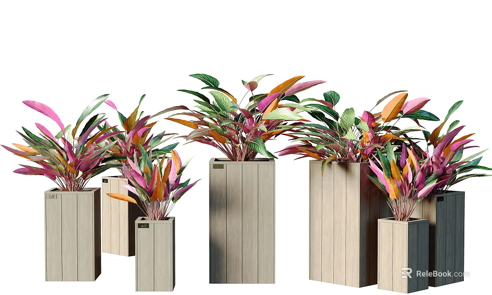 Colorful Flowers and Plants Displayed in Wooden Square Pots of Various Sizes 3d model 