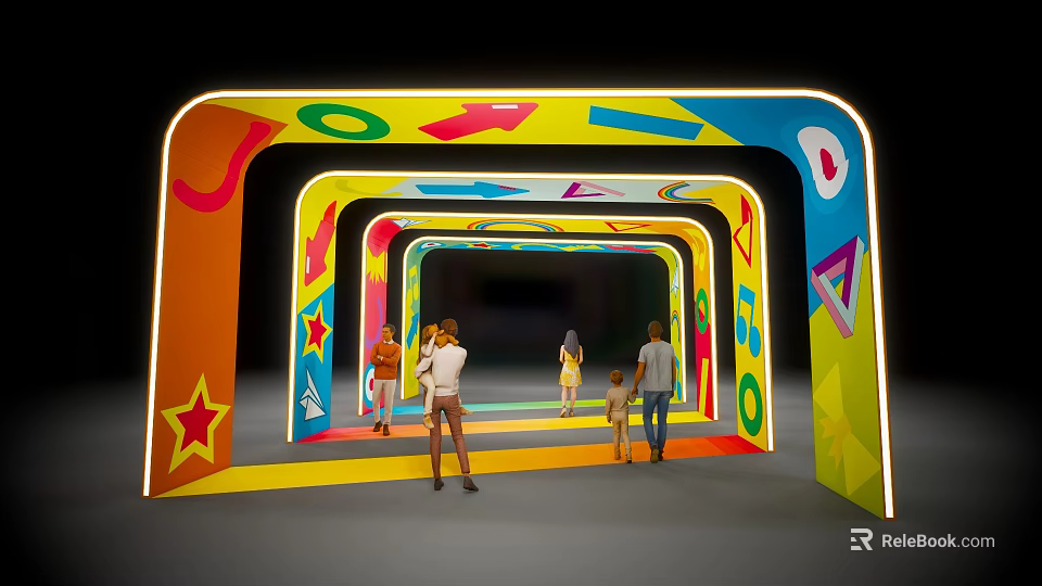 Colorful Event Entrance With Arched Structures Geometric Patterns Stars Arrows Circles And People Walking 3d model 