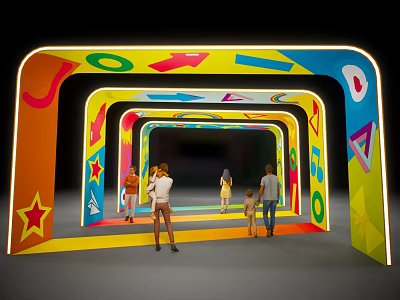 Colorful Event Entrance With Arched Structures Geometric Patterns Stars Arrows Circles And People Walking 3d model